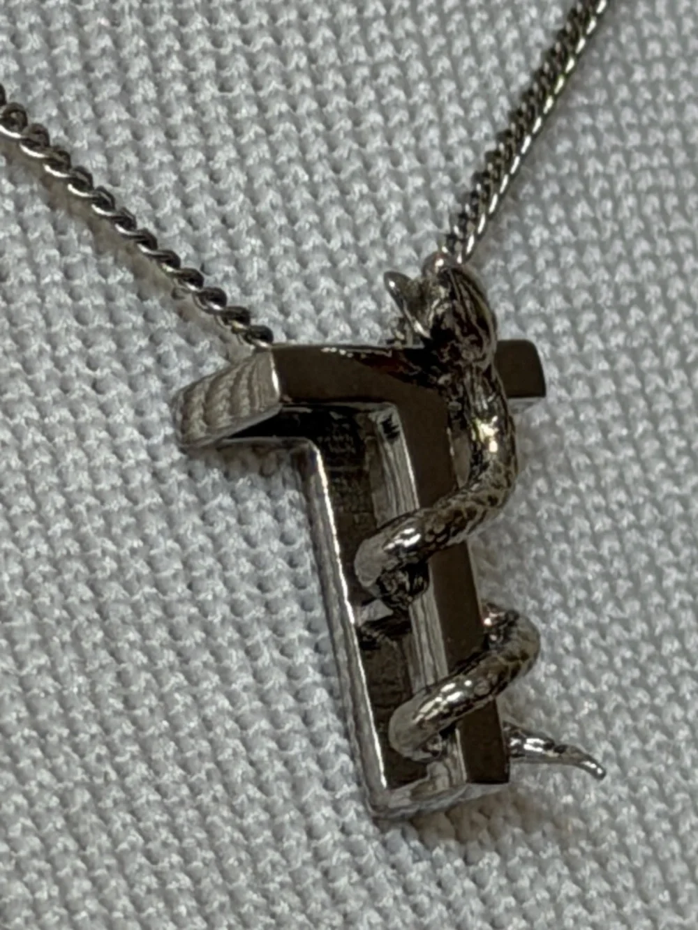 Saint Laurent YSL Sterling Silver T Initial Letter Snake Pendant Chain Necklace
